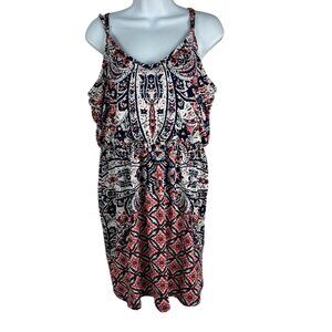 Maurices Womens Spaghetti Strap Dress Size L Mixed Print Navy/Coral/White Boho S